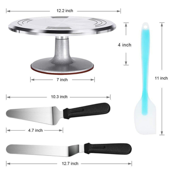 Platou rotativ pentru decorarea prăjiturilor din aliaj de aluminiu, cu bază și spatulă