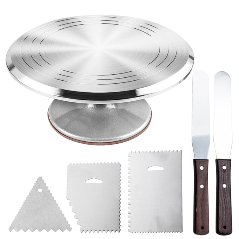 Platou rotativ pentru decorarea prăjiturilor din aliaj de aluminiu, cu bază și spatulă