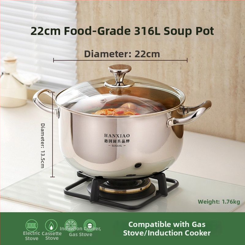 Oală de supă din oțel inoxidabil 316, pentru uz casnic, model 2025, capacitate 2.1–3 L, compatibilă cu plite cu inducție și gaze, fund gros, pentru terci și tocană