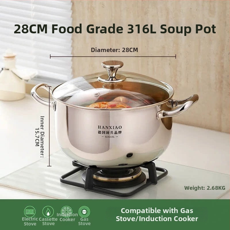 Oală de supă din oțel inoxidabil 316, pentru uz casnic, model 2025, capacitate 2.1–3 L, compatibilă cu plite cu inducție și gaze, fund gros, pentru terci și tocană