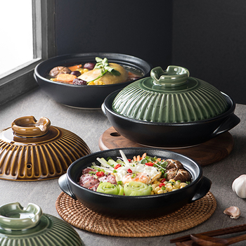 Vas ceramic rotund cu două mânere, oală plată pentru gătit orez în lut, pentru restaurante