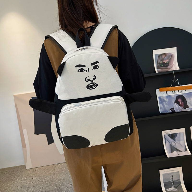 Τσάντα πλάτης από καμβά με panda έκφραση – γλυκιά, δημιουργική και αστεία σχολική τσάντα με μεγάλη χωρητικότητα