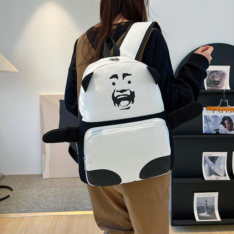 Τσάντα πλάτης από καμβά με panda έκφραση – γλυκιά, δημιουργική και αστεία σχολική τσάντα με μεγάλη χωρητικότητα