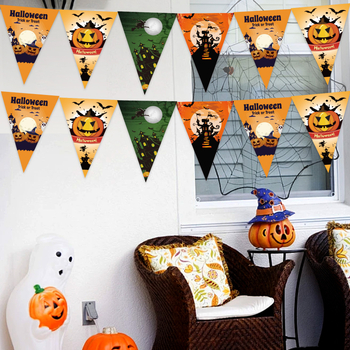 Steaguri triunghiulare din hârtie pentru decor de Halloween, dimensiuni 20×29 cm, albastru-alb