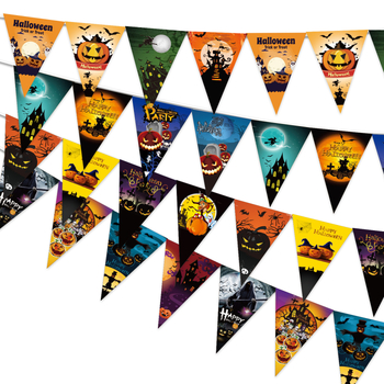 Steaguri triunghiulare din hârtie pentru decor de Halloween, dimensiuni 20×29 cm, albastru-alb