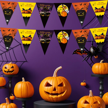 Steaguri triunghiulare din hârtie pentru decor de Halloween, dimensiuni 20×29 cm, albastru-alb