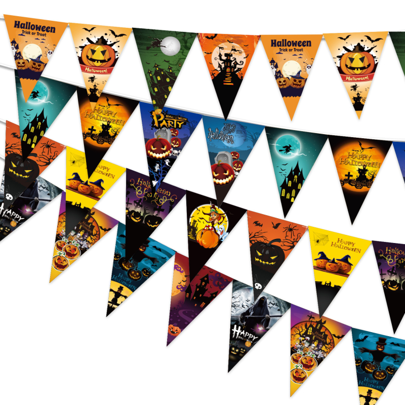 Steaguri triunghiulare din hârtie pentru decor de Halloween, dimensiuni 20×29 cm, albastru-alb