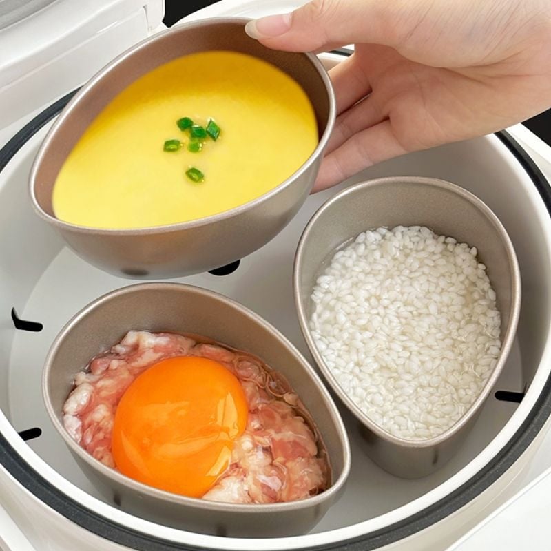 Nou set mic de tăvi de abur în formă de ou, cutie de abur – set complet pentru aburirea orezului în bucătăria de acasă, din oțel inox, cu boluri de abur și grilă de abur