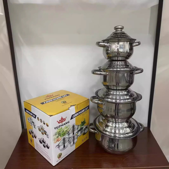 Set de vase din oțel inoxidabil: oală pentru supă, oală mică, tigaie plată și wok; dimensiuni 16–22 cm; oțel inox 410; cadou ideal
