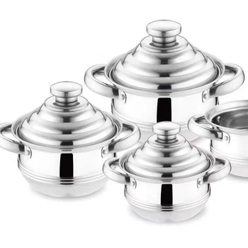Set de vase din oțel inoxidabil: oală pentru supă, oală mică, tigaie plată și wok; dimensiuni 16–22 cm; oțel inox 410; cadou ideal