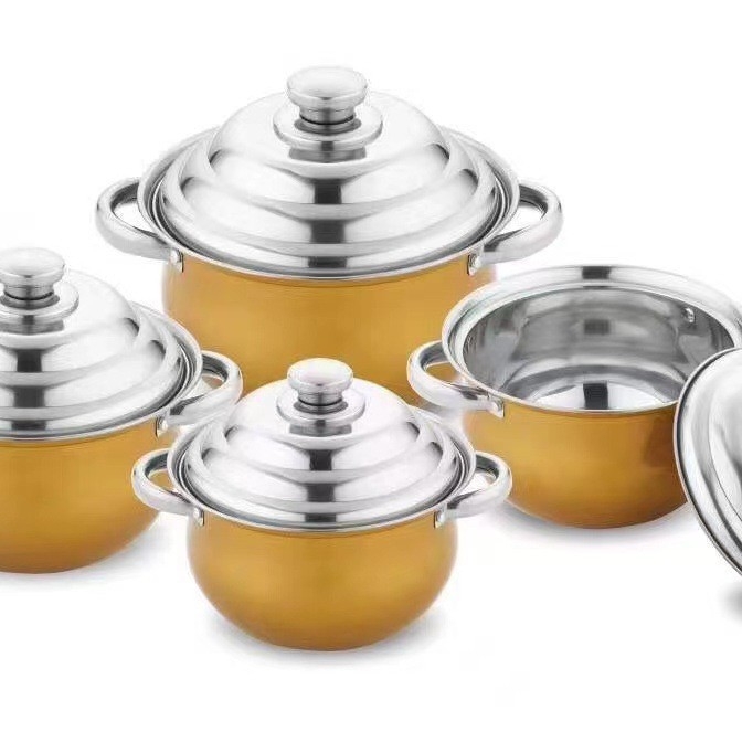 Set de vase din oțel inoxidabil: oală pentru supă, oală mică, tigaie plată și wok; dimensiuni 16–22 cm; oțel inox 410; cadou ideal