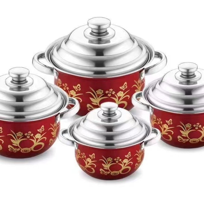 Set de vase din oțel inoxidabil: oală pentru supă, oală mică, tigaie plată și wok; dimensiuni 16–22 cm; oțel inox 410; cadou ideal