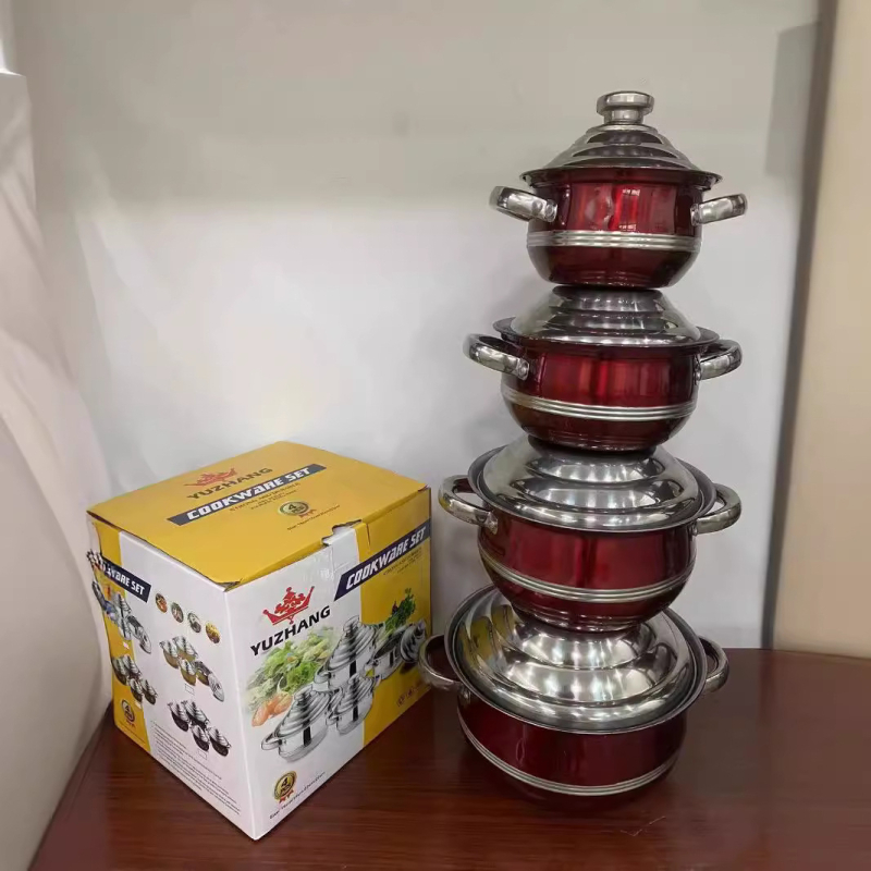 Set de vase din oțel inoxidabil: oală pentru supă, oală mică, tigaie plată și wok; dimensiuni 16–22 cm; oțel inox 410; cadou ideal