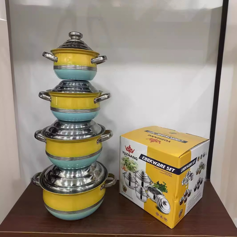 Set de vase din oțel inoxidabil: oală pentru supă, oală mică, tigaie plată și wok; dimensiuni 16–22 cm; oțel inox 410; cadou ideal