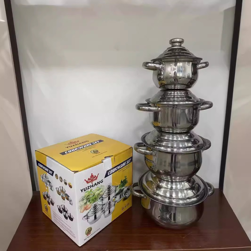 Set de vase din oțel inoxidabil: oală pentru supă, oală mică, tigaie plată și wok; dimensiuni 16–22 cm; oțel inox 410; cadou ideal