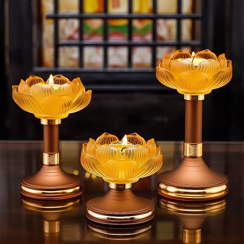 Suport de lumânare cu lotus din sticlă pentru uz casnic, bază pentru lampă cu unt, lampă de ofrandă budistă, suport pentru lampa lui Buddha, decor pentru lampă