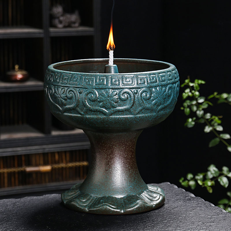 Lampă ceramică de ulei cu Buddha, suport retro pentru templu, bază de lampă cu imprimare a logo-ului