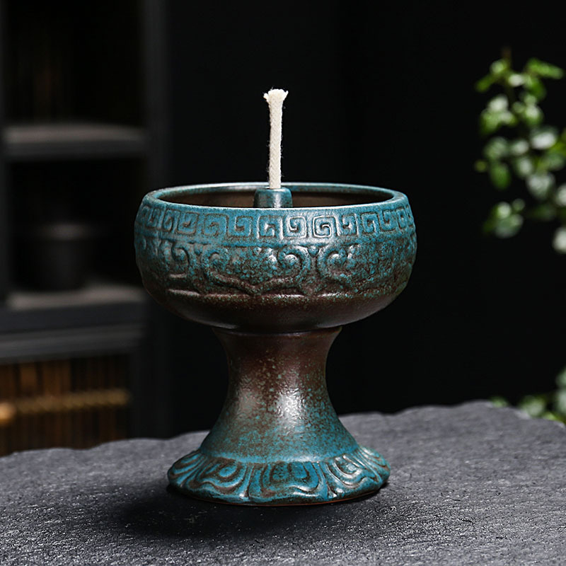 Lampă ceramică de ulei cu Buddha, suport retro pentru templu, bază de lampă cu imprimare a logo-ului