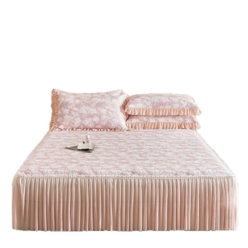 Jacquard roz Ice Silk cooling mat, set de trei piese cu fustă de pat, stil lux francez