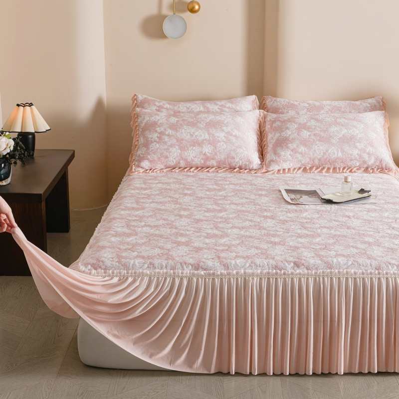 Jacquard roz Ice Silk cooling mat, set de trei piese cu fustă de pat, stil lux francez