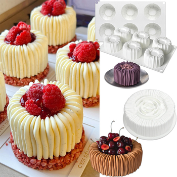 Set cu 6 forme Charlotte Mousse pentru tort, forme cilindrice din silicon cu caneluri, pentru cofetărie DIY