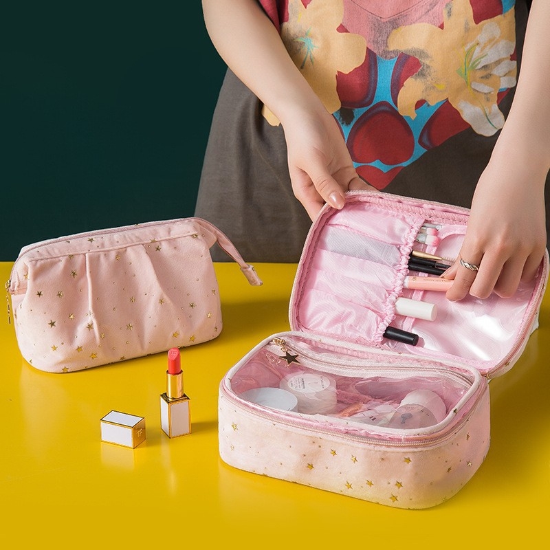 Geantă cosmetică în stil Ins, geantă mare de toaletă din catifea pentru călătorii