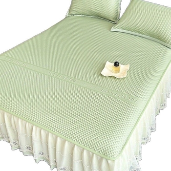 Covoraș de pat răcoritor din mătase de gheață, cu dantelă dublă și broderie, fustă pentru pat, material moale de înaltă densitate, lavabil la mașină