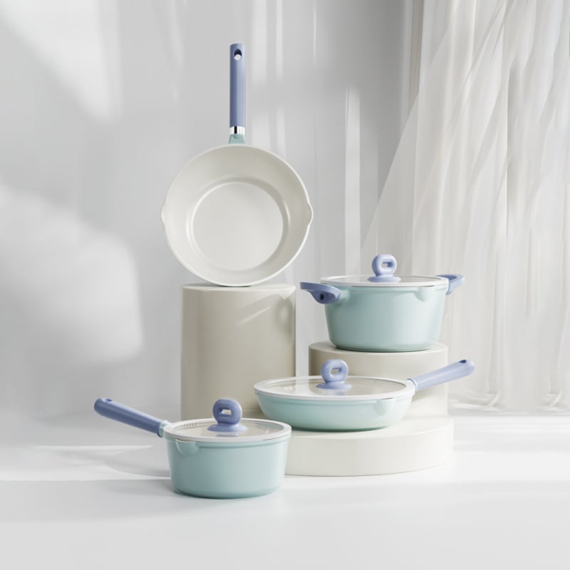 Set ceramic antiaderent: oală pentru lapte, oală pentru hrana de bebe, oală pentru tăiței instant, tigaie pentru prăjit, oală pentru supă – colecție completă