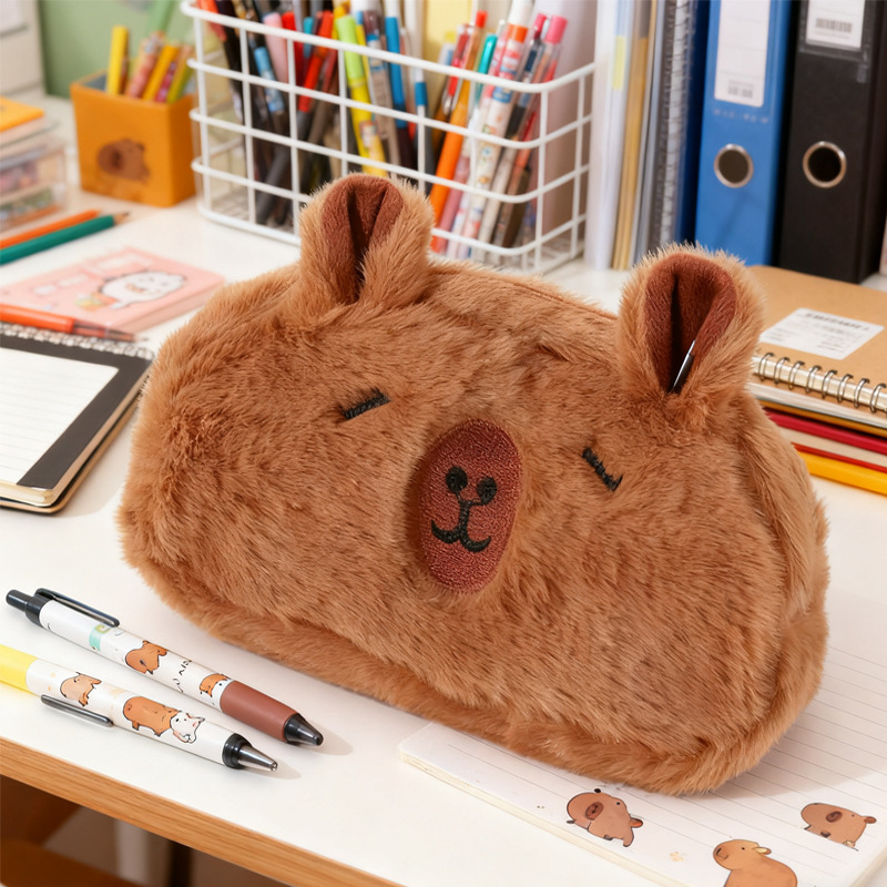 Geantă pluș pentru pixuri cu capybara, geantă de cosmetică cu capacitate mare, rezistentă la pete și amuzantă