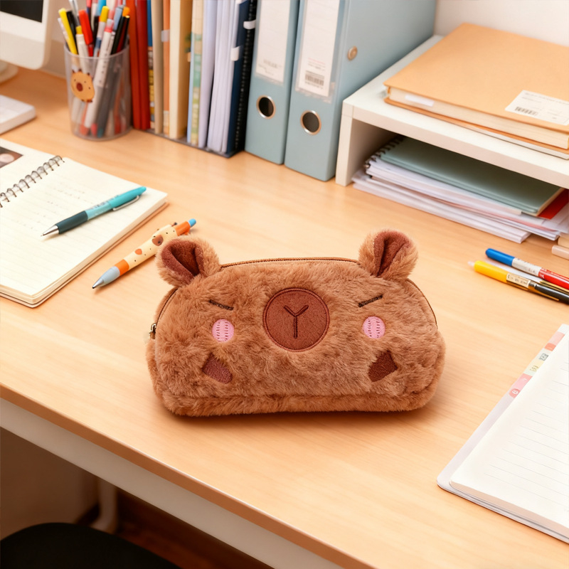 Geantă pluș pentru pixuri cu capybara, geantă de cosmetică cu capacitate mare, rezistentă la pete și amuzantă