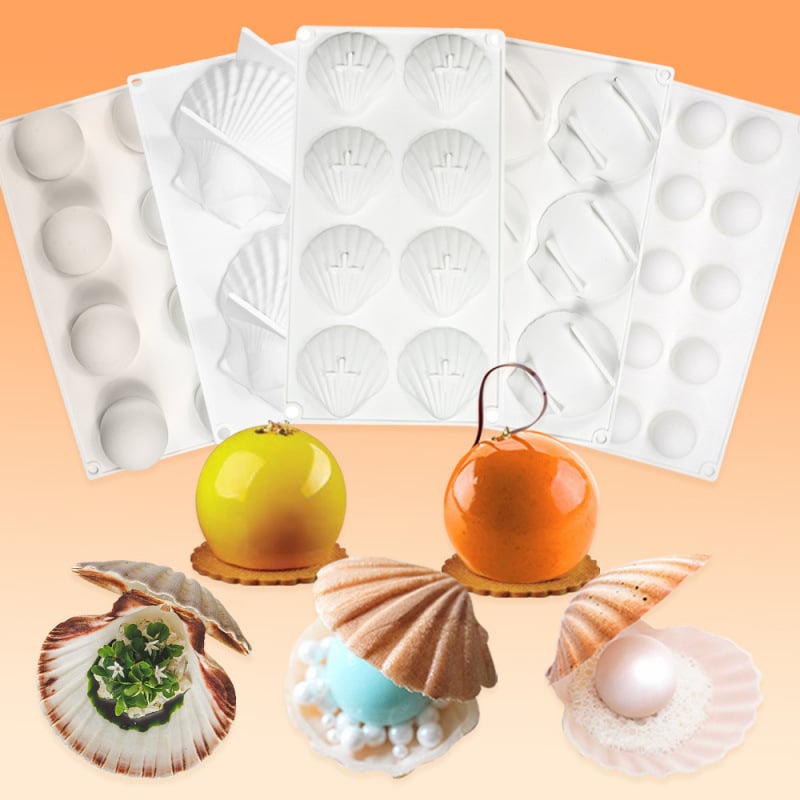 Set din silicon pentru copt, 6 forme cu formă de cochilie pentru prăjituri, forme pentru mousse de ciocolată cu perle și forme pentru lumânări