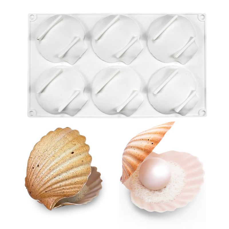 Set din silicon pentru copt, 6 forme cu formă de cochilie pentru prăjituri, forme pentru mousse de ciocolată cu perle și forme pentru lumânări