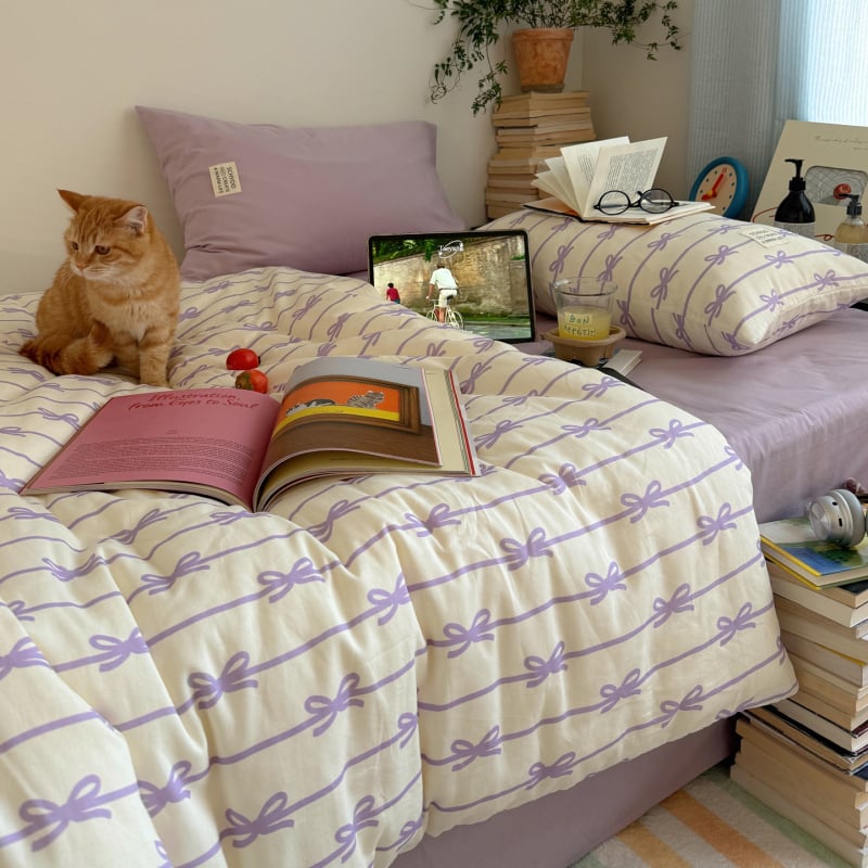 Set de lenjerie din bumbac 100%, stil blogger, nod papion în stil coreean, model cu dungi curcubeu, patru piese, pentru casă și cămin, prietenos cu pielea