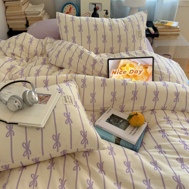 Set de lenjerie din bumbac 100%, stil blogger, nod papion în stil coreean, model cu dungi curcubeu, patru piese, pentru casă și cămin, prietenos cu pielea