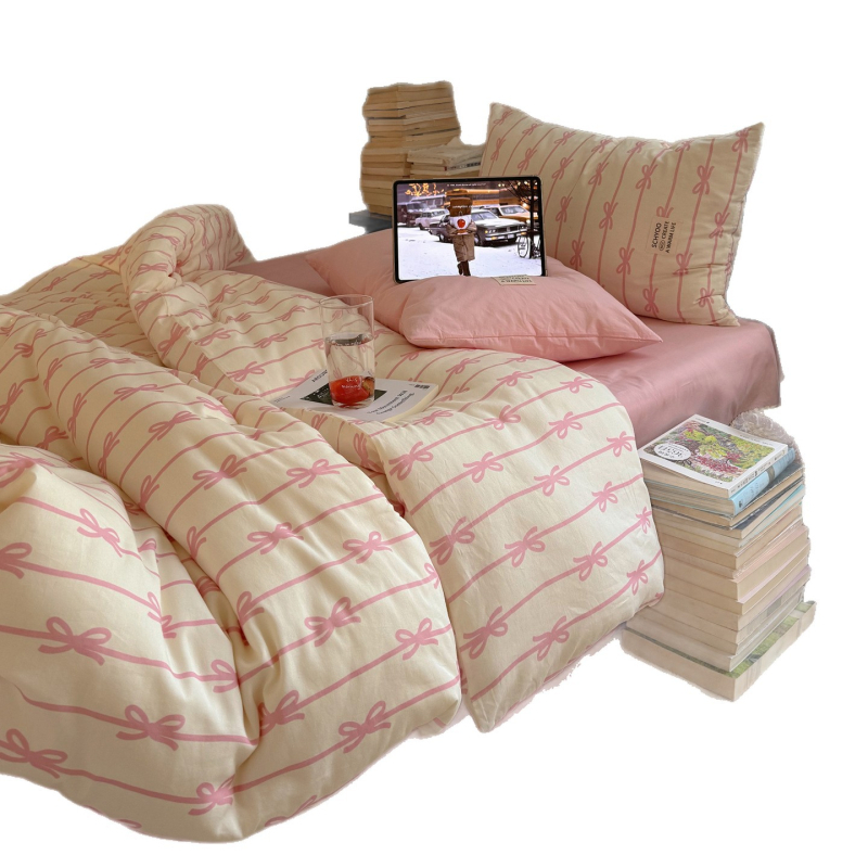 Set de lenjerie din bumbac 100%, stil blogger, nod papion în stil coreean, model cu dungi curcubeu, patru piese, pentru casă și cămin, prietenos cu pielea
