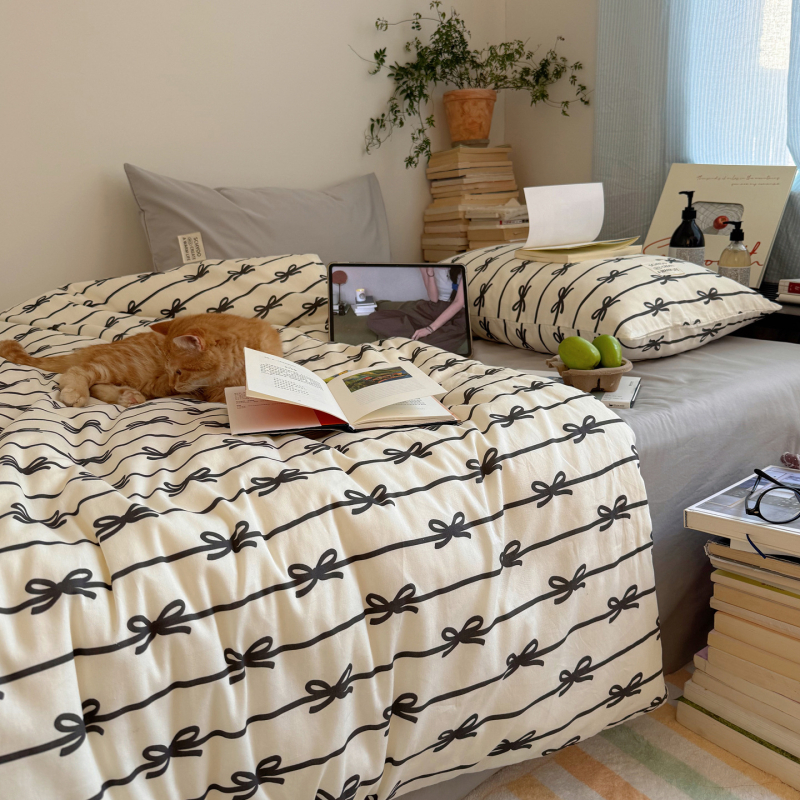 Set de lenjerie din bumbac 100%, stil blogger, nod papion în stil coreean, model cu dungi curcubeu, patru piese, pentru casă și cămin, prietenos cu pielea