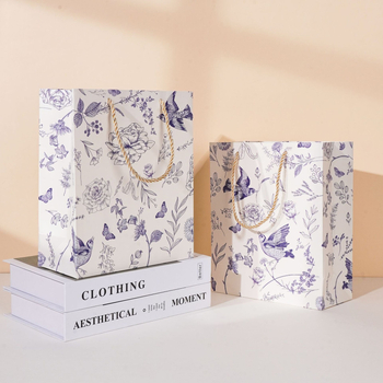 Geantă de cadouri cu mâner, stil chinezesc, imprimeu floral și cu păsări, carton alb, geantă de hârtie premium.