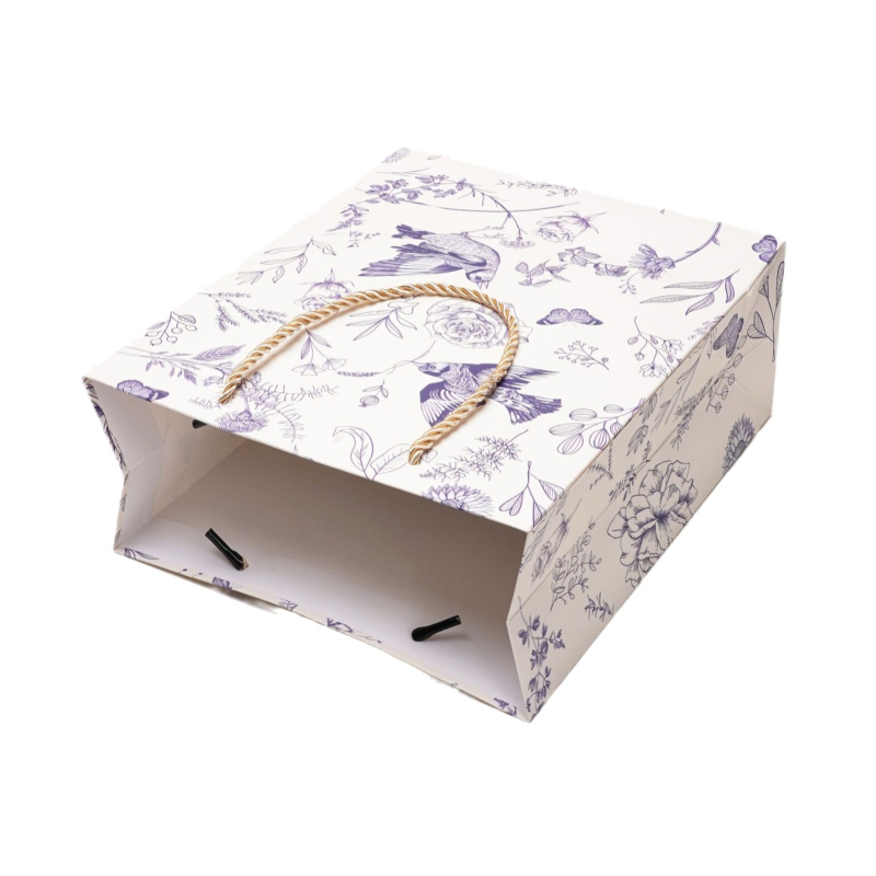 Geantă de cadouri cu mâner, stil chinezesc, imprimeu floral și cu păsări, carton alb, geantă de hârtie premium.