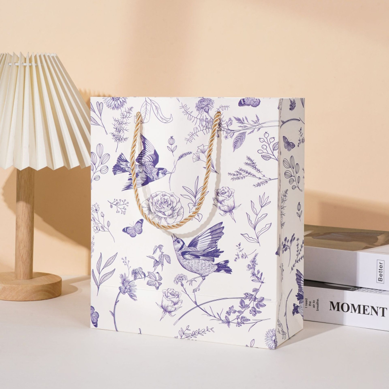Geantă de cadouri cu mâner, stil chinezesc, imprimeu floral și cu păsări, carton alb, geantă de hârtie premium.