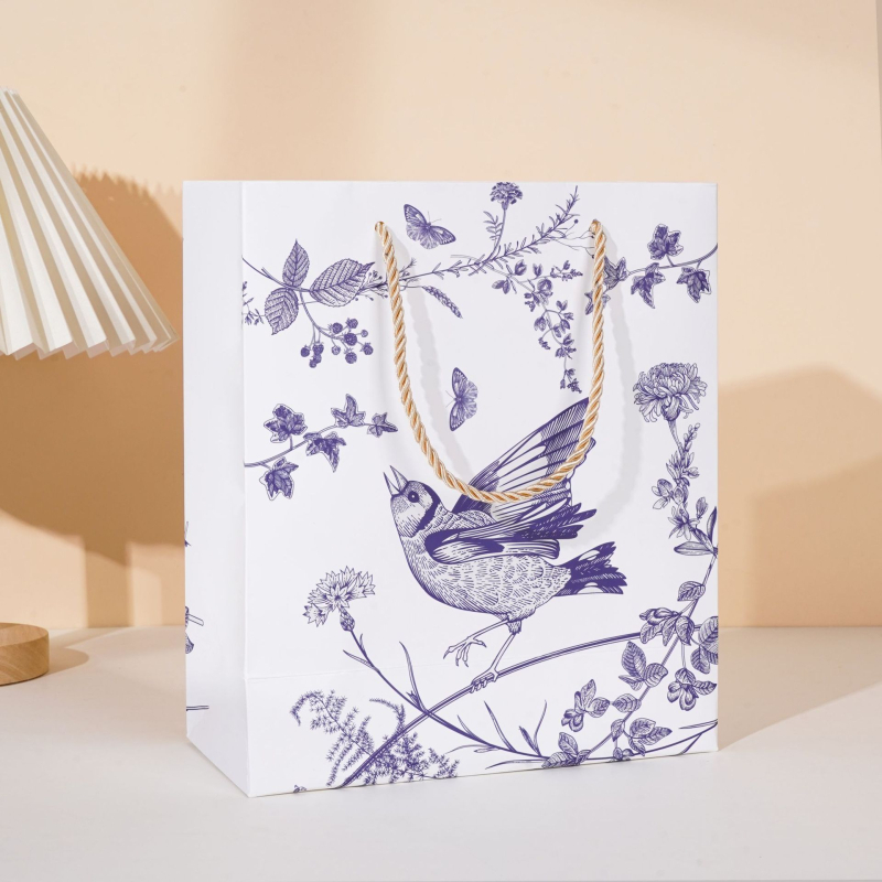 Geantă de cadouri cu mâner, stil chinezesc, imprimeu floral și cu păsări, carton alb, geantă de hârtie premium.