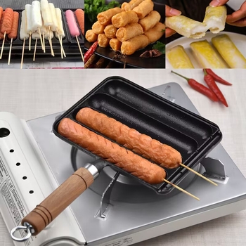Tigaie grill din fontă pentru cârnați – pătrată, 0,9 kg, fără strat; pentru cârnați, prăjituri din orez, kebab de miel și alimente cu gluten