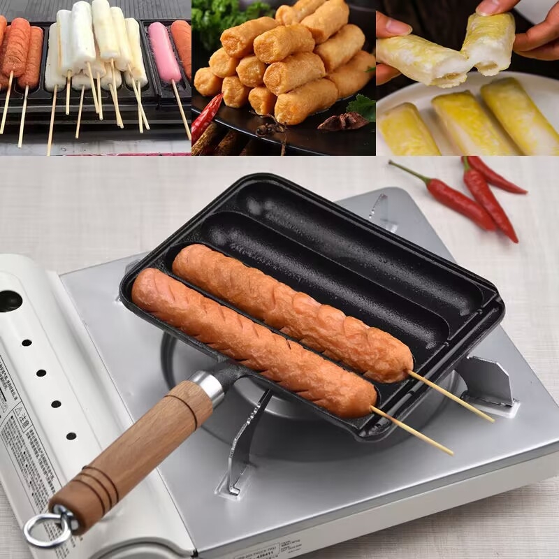 Tigaie grill din fontă pentru cârnați – pătrată, 0,9 kg, fără strat; pentru cârnați, prăjituri din orez, kebab de miel și alimente cu gluten