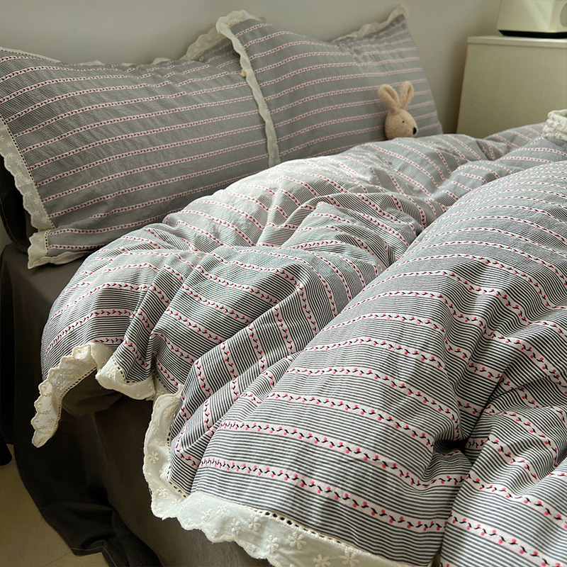 Set de pat Jacquard din bumbac spălat, cu dantelă, stil prințesă, patru piese, pentru toate anotimpurile
