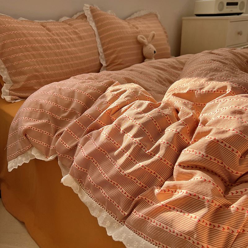Set de pat Jacquard din bumbac spălat, cu dantelă, stil prințesă, patru piese, pentru toate anotimpurile