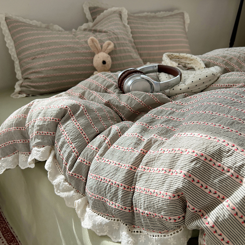 Set de pat Jacquard din bumbac spălat, cu dantelă, stil prințesă, patru piese, pentru toate anotimpurile