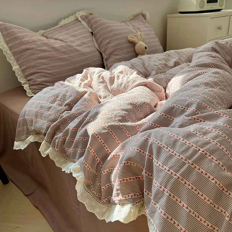 Set de pat Jacquard din bumbac spălat, cu dantelă, stil prințesă, patru piese, pentru toate anotimpurile