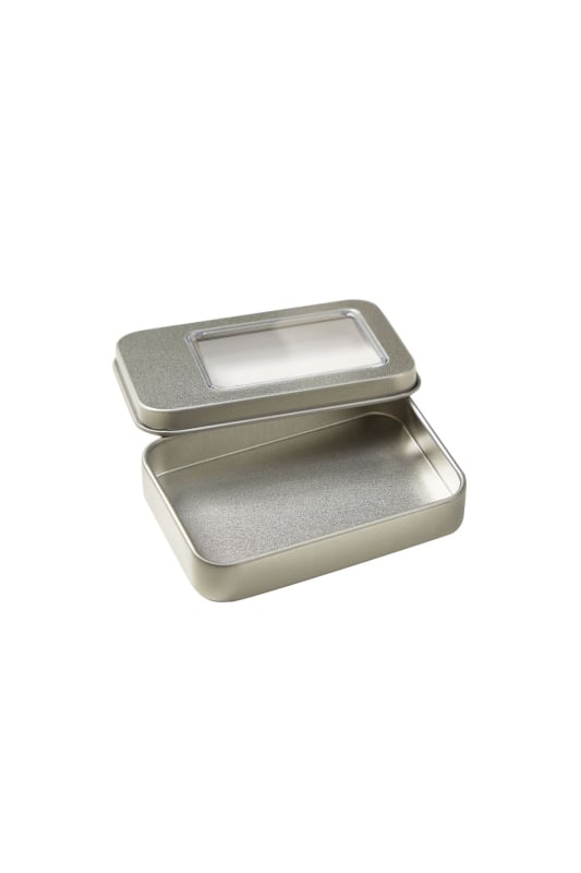 Cutie metalică dreptunghiulară cu fereastră pentru USB, card poștal, baterii și unghii false – cutie metalică cu inserție de burete.
