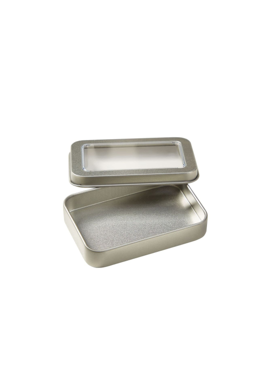 Cutie metalică dreptunghiulară cu fereastră pentru USB, card poștal, baterii și unghii false – cutie metalică cu inserție de burete.