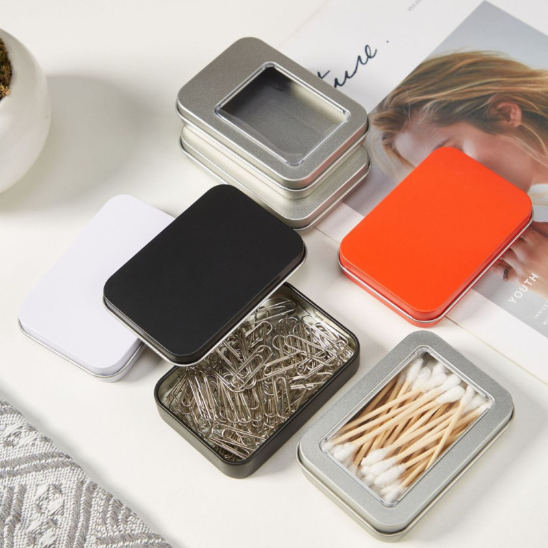 Cutie metalică dreptunghiulară cu fereastră pentru USB, card poștal, baterii și unghii false – cutie metalică cu inserție de burete.
