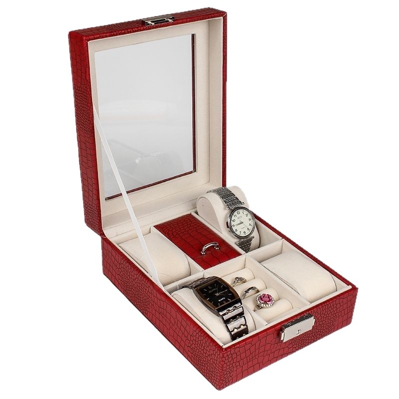 Kutija za satove s 4 odjelka, PU koža s uzorkom guštera, europski stil kutije za nakit, drvena kutija za pohranu nakita, dimenzije 25,7×21×7,5 cm, boje: bijela, bordo, plava, crna, smeđa